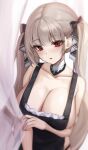  1girl 1yu_x apron azur_lane bare_shoulders blush breasts brown_eyes cleavage curtain_grab curtains detached_collar formidable_(azur_lane) grey_hair hair_ribbon highres large_breasts long_hair looking_at_viewer naked_apron red_eyes ribbon solo twintails two-tone_ribbon very_long_hair 