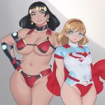  2girls bare_shoulders big_barda black_hair blonde_hair blue_eyes cape dc_comics earrings headband highres jewelry lipstick makeup medium_hair multiple_girls navel revealing_clothes supergirl temaeya_utsurou wide_hips 