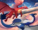 2024 2_horns 3_toes 5_fingers absurd_res ambiguous_gender black_horn blue_body blue_eyes blue_scales blue_tail blue_tail_tuft claws closed_smile cloud colored digital_media_(artwork) digital_painting_(artwork) dragon duo european_mythology feet feral finger_claws fingers flying hi_res horn light lighting long_tail membrane_(anatomy) membranous_wings mouth_closed multicolored_body multicolored_scales mythological_creature mythological_scalie mythology mythrava red_body red_scales red_tail red_wings scales scalie shaded sky smile smiling_at_another star starry_sky tail tail_tuft toe_claws toes tuft two_tone_body two_tone_scales two_tone_tail western_dragon white_body white_claws white_horn white_inner_ear white_scales white_tail white_wings wing_claws winged_dragon wings wyvern yellow_body yellow_scales yellow_tail