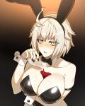  1girl absurdres alcohol animal_ears bangs black_leotard breasts collarbone cup detached_collar drinking_glass fake_animal_ears fate/grand_order fate_(series) grey_hair highres hyperbudd jeanne_d&#039;arc_alter_(avenger)_(fate) jeanne_d&#039;arc_alter_(fate) large_breasts leotard looking_at_viewer open_mouth playboy_bunny pouring pouring_onto_self rabbit_ears short_hair solo wine wine_glass wrist_cuffs yellow_eyes 