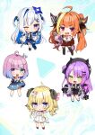  1girl :d absurdres ahoge amane_kanata animal_ears aran_sweater asacoco asymmetrical_legwear black_bow black_bowtie black_gloves black_headwear black_skirt black_socks black_thighhighs blonde_hair blue_dress blue_eyes blue_hair blue_thighhighs blush_stickers bob_cut bow bowtie cable_knit chibi crown curled_horns demon_tail dress fang full_body gloves gradient gradient_dress gradient_hair green_eyes grey_hair hair_bun hair_ornament hairclip halo hand_up hat hat_pin highres himemori_luna holding hololive horn_bow horn_ornament horned_hat horns jacket jewelry kiryu_coco long_hair long_sleeves looking_at_viewer mini_crown miniskirt multicolored_hair necklace noi_mine open_clothes open_jacket open_mouth orange_hair parted_lips partially_fingerless_gloves piercing pink_hair pleated_skirt purple_eyes purple_hair red_eyes red_jacket red_socks shirt single_side_bun single_thighhigh skin_fang skirt smile socks solo standing star_halo sweater sweater_jacket tail tail_ornament tail_piercing thighhighs tokoyami_towa tsunomaki_watame twintails two_side_up uneven_legwear very_long_hair white_bow white_bowtie white_dress white_jacket white_shirt white_socks 