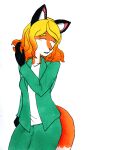  absurd_res anthro blonde_hair canid canine clothed clothing curled_tail efradraws eyebrows female fox fox_tail fur hair hi_res irina_netsuki mammal marker_(artwork) multicolored_body multicolored_fur multicolored_hair orange_hair simple_background solo suit thick_eyebrows traditional_media_(artwork) two_tone_hair wavy_hair white_background 