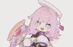  1girl :d bangs chibi elysia_(herrscher_of_human:ego)_(honkai_impact) elysia_(honkai_impact) eyebrows_hidden_by_hair gloves grey_background halo holding holding_staff honkai_(series) honkai_impact_3rd looking_at_viewer mogomaco pink_hair purple_eyes shirt simple_background smile solo staff upper_body white_gloves white_shirt 