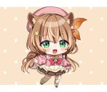  1girl :d animal_ears ayunda_risu bow bowtie brown_hair brown_skirt chibi full_body green_eyes hair_ornament hairclip hat hololive hololive_indonesia jacket leaf_hair_ornament looking_at_viewer low_twintails noi_mine pink_bow pink_bowtie pink_headwear pink_jacket skirt smile solo squirrel_ears squirrel_tail tail thighhighs twintails white_thighhighs 
