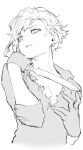  1girl absurdres dagger earrings gloves greyscale highres holding holding_dagger holding_knife holding_weapon jewelry knife leo_(reiga) long_sleeves looking_at_viewer monochrome original parted_lips reiga_(act000) short_hair simple_background solo tomboy upper_body weapon white_background 
