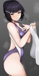  1girl abataa absurdres alternate_costume black_hair breasts cowboy_shot from_side hair_bun hair_ornament hairclip highleg highleg_swimsuit highres holding holding_towel kantai_collection looking_at_viewer medium_breasts myoukou_(kancolle) one-piece_swimsuit purple_one-piece_swimsuit single_hair_bun smile solo standing swimsuit towel two-tone_swimsuit white_one-piece_swimsuit yellow_eyes 