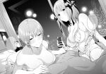  1boy 2girls bra breasts butterfly_hair_ornament chicke_iii cityscape cleavage clothed_female_nude_male commentary cooperative_handjob go-toubun_no_hanayome greyscale hair_ornament hair_ribbon handjob hetero highres indoors large_breasts lingerie looking_at_viewer monochrome multiple_girls nakano_ichika nakano_nino nude penis pov ribbon short_hair smile strap_slip symbol-only_commentary two_side_up underwear 