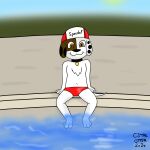  absurd_res anthro beagle canid canine canis cj_the_otter clothing collar domestic_dog harvey(cj_the_otter) hi_res hunting_dog male mammal scent_hound solo speedo swimming_cap swimwear white_body 