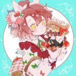  4girls agnes_tachyon_(umamusume) ahoge animal_ears basket black_coat blush chibi closed_eyes coat dantsu_flame_(umamusume) ear_covers expressionless food frilled_sleeves frilled_vest frills fruit green_ribbon hair_between_eyes hair_ribbon highres holding holding_basket holding_food holding_fruit holding_sandwich horse_ears horse_girl horse_tail jam jungle_pocket_(umamusume) lab_coat lace-trimmed_sleeves lace_trim long_hair_between_eyes long_sleeves manhattan_cafe_(umamusume) mini_person minigirl multiple_girls nail_polish open_mouth parted_lips plaid_ribbon red_vest ribbon sandwich shirt short_hair sidelocks strawberry tail tongue tongue_out torinoooniku umamusume vest white_coat white_shirt yellow_eyes yellow_nails yellow_shirt 