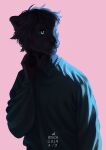  2019 anthro azuza black_body black_fur black_hair black_nose blue_clothing blue_eyes blue_topwear clothed clothing dated felid fur glistening glistening_eyes hair half-length_portrait hi_res male mammal mouth_closed pink_background portrait short_hair signature simple_background solo topwear 