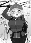  2girls :d alice_margatroid bare_tree beanie blush blush_stickers breasts cane floating fur_hat gloves greyscale hand_up hat highres holding holding_rope hood hood_down jacket large_breasts medium_hair minigirl monochrome multiple_girls pants rope shanghai_doll smile snow touhou tree winter_clothes yassy 