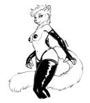  anthro artist_name biped black_and_white breasts clothed clothing digital_media_(artwork) eyelashes female foxovh fur hair hi_res latex_armwear latex_legwear latex_panties looking_at_viewer mammal monochrome navel pasties portrait simple_background sketch solo standing tail three-quarter_portrait white_background 
