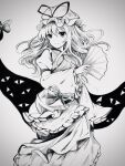  1341398tkrtr 1girl bangs closed_mouth commentary_request dress frilled_dress frills gap_(touhou) greyscale hand_fan happy hat hat_ribbon highres holding holding_fan long_hair long_sleeves looking_at_viewer mob_cap monochrome ribbon smile solo tabard touhou traditional_media very_long_hair wide_sleeves yakumo_yukari 