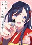  1girl ashiro_(ashiro_ym) bangs black_hair calligraphy_brush commentary drawing_on_another&#039;s_face floral_print flower grey_eyes hair_flower hair_ornament highres japanese_clothes kimono long_hair looking_at_viewer love_live! love_live!_nijigasaki_high_school_idol_club new_year one_side_up paintbrush pov red_kimono red_nails sidelocks smile solo translation_request upper_body yuuki_setsuna_(love_live!) 