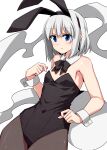  1girl animal_ears bare_shoulders black_bow black_bowtie black_hairband black_leotard black_ribbon blue_eyes blush bow bowtie breasts colored_eyelashes detached_collar fake_animal_ears hair_ribbon hairband highres konpaku_youmu konpaku_youmu_(ghost) leotard looking_at_viewer pantyhose playboy_bunny rabbit_ears ribbon sazanami_mio short_hair simple_background small_breasts solo strapless strapless_leotard touhou white_hair wrist_cuffs 