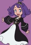  1girl :d acerola_(pokemon) alternate_costume bangs black_dress blue_eyes commentary dress elizabeth_(tomas21) eyelashes flipped_hair hair_ornament hairclip happy highres long_sleeves medium_hair open_mouth outstretched_arms pokemon pokemon_(game) pokemon_sm purple_background purple_hair simple_background smile solo topknot 