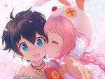  1boy 1girl aged_down animal_hat bangs black_hair blue_eyes blue_hairband blurry blurry_foreground blush braid bunny_hat button_eyes buttons closed_eyes collarbone falling_petals gloves gradient gradient_background hairband hand_on_another&#039;s_chest hand_on_another&#039;s_shoulder hat headband heart hetero jewelry kiss kissing_cheek long_hair mimi_(princess_connect!) necklace nose_blush off_shoulder open_mouth petals pink_background pink_hair portrait princess_connect! red_gloves simple_background surprised twin_braids white_background wide-eyed yako_noir_(kei-ne) yuuki_(princess_connect!) 