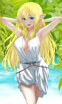  1girl arm_up armpits bangs bare_shoulders blonde_hair blue_eyes blush breasts character_request copyright_request elf hair_between_eyes highres large_breasts long_hair looking_at_viewer open_mouth original pointy_ears solo uenoryoma 