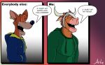  absurd_res anthro artietheartbull bovid bovine canid canine cattle clothed clothing comic digital_media_(artwork) english_text fox hi_res horn humor male male/male mammal solo text 