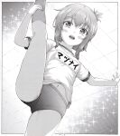  1girl absurdres blush buruma folded_ponytail greyscale gym_shirt gym_uniform h2_(h20000000) highres inazuma_(kancolle) kantai_collection kneehighs leg_up long_hair monochrome name_tag open_mouth shirt short_sleeves socks solo standing standing_on_one_leg 