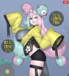  1girl aqua_hair bellibolt black_shorts bow-shaped_hair breasts character_hair_ornament ekz_(robotekz) english_text from_side hair_ornament hexagon_print huge_breasts iono_(pokemon) jacket long_hair multicolored_hair pink_eyes pink_hair pokemon pokemon_(game) pokemon_sv sharp_teeth shorts single_leg_pantyhose sleeves_past_fingers sleeves_past_wrists solo speech_bubble teeth two-tone_hair yellow_jacket 