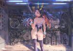  1girl amatiz ass assault_rifle bare_shoulders black_hair black_pantyhose blue_leotard explosive feet_out_of_frame from_behind grenade gun highleg highleg_leotard highres holding holding_gun holding_weapon holographic_ears kneepits leotard long_hair looking_at_viewer looking_back m16 m16a2 multicolored_hair nontraditional_playboy_bunny orange_hair original pantyhose patreon_username red_eyes rifle shell_casing solo standing strapless strapless_leotard two-tone_hair weapon web_address white_wrist_cuffs wrist_cuffs 