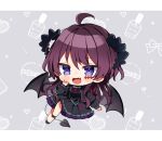  1girl :d ahoge black_dress blush_stickers brown_hair chibi copyright_request demon_tail demon_wings dress fangs full_body horns long_hair long_sleeves looking_at_viewer noi_mine purple_eyes skin_fangs smile solo tail virtual_youtuber wings 