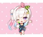  1girl :d airani_iofifteen blush_stickers gradient_hair grey_hair hair_bun hairband hololive hololive_indonesia long_sleeves looking_at_viewer multicolored_hair noi_mine one_eye_closed overall_shorts overalls paint_splatter paint_splatter_on_face pink_hairband purple_eyes shirt side_ponytail single_side_bun smile solo star_(symbol) star_in_eye symbol_in_eye white_shirt 