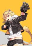  1girl :d absurdres animal_ears black_gloves black_jacket black_shorts blonde_hair claw_pose fighting_stance fur-trimmed_jacket fur_trim gloves highres jacket jewelry kemonomimi_mode leo_(reiga) looking_at_viewer midriff_peek necklace open_clothes open_jacket original red_eyes reiga_(act000) shirt short_hair shorts smile solo tail tomboy white_shirt yellow_background 