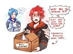  blue_eyes blue_hair box cardboard_box dog english_text grey_vest holostars holostars_english hood hoodie jacket long_hair long_sleeves male_focus multicolored_hair multiple_boys puppy red_hair regis_altare shaded_face short_hair twitter_username vest virtual_youtuber white_jacket zeitaraart 