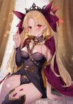  1girl absurdres bangs blonde_hair blush breasts cape cleavage earrings ereshkigal_(fate) fate/grand_order fate_(series) gold_trim hair_ornament hair_ribbon highres hoop_earrings jewelry large_breasts long_hair looking_at_viewer multicolored_cape multicolored_clothes parted_bangs red_cape red_eyes ribbon single_thighhigh sitting skull solo spine thighhighs tiara twintails ura_illust very_long_hair yellow_cape 