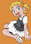  1girl :d alternate_costume arm_support black_shorts black_vest blonde_hair blue_eyes bonnie_(pokemon) commentary elizabeth_(tomas21) eyelashes fingernails hair_ornament hairclip highres looking_at_viewer open_mouth orange_background pokemon pokemon_(game) pokemon_xy shirt shoes short_sleeves shorts shorts_under_skirt simple_background sitting skirt smile solo t-shirt vest white_footwear white_shirt white_skirt 