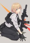  1girl absurdres ammunition_pouch ar-15 backpack bag blonde_hair earrings gloves grey_eyes gun handgun highres holding holding_gun holding_weapon jewelry kneeling looking_at_viewer optical_sight original plate_carrier pouch rifle short_hair solo soutou_nagi suppressor weapon 