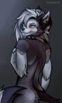  2022 anthro black_body black_fur black_nose breasts canid canid_demon canine canis collar demon eyebrows eyelashes female fluffy fur grey_body grey_fur hair hand_on_breast hellhound helluva_boss hi_res long_hair looking_at_viewer looking_back loona_(helluva_boss) mammal multicolored_body multicolored_fur narrowed_eyes notched_ear nude pupils raised_arm rear_view red_sclera simple_background slit_pupils solo spiked_collar spikes tail watermark white_body white_eyes white_fur white_hair wolf yoiakata 