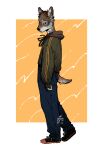  2019 anthro azuza black_nose blue_bottomwear blue_clothing blue_pants border bottomwear brown_body brown_fur canid clothed clothing dated full-length_portrait fur green_clothing green_hoodie green_topwear grey_body grey_fur head_tuft hi_res hoodie male mammal mouth_closed narrowed_eyes pants portrait side_view signature simple_background solo standing topwear tuft white_body white_border white_fur 