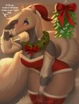  anteater anthro blue_eyes bodily_fluids breasts christmas cleavage clothed clothing dress english_text evehly female holidays legwear mammal mistletoe pilosan plant solo stockings sweat sweatdrop text thick_thighs xenarthran 