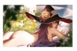  1girl ass black_headwear blue_eyes blurry book border breasts commentary completely_nude depth_of_field english_commentary from_side genshin_impact hat highres hu_dako long_hair lying medium_breasts mona_(genshin_impact) nude on_stomach paid_reward_available purple_hair purple_nails reading sideboob solo thighs wet white_border witch_hat 