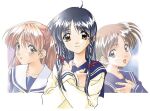  1990s_(style) 3girls adachi_taeko black_hair blush braid brown_eyes brown_hair hair_ribbon hinoe_riho long_hair long_sleeves looking_at_viewer multiple_girls official_style open_mouth retro_artstyle ribbon sawatari_honoka school_uniform sentimental_graffiti short_hair short_twintails simple_background smile sugihara_manami twin_braids twintails upper_body white_background 