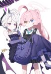  2girls absurdres ahoge bare_shoulders black_gloves black_skirt blue_archive blue_eyes blue_necktie blush carrying carrying_person closed_mouth collared_shirt demon_horns demon_wings dress earrings elbow_gloves floating_earring gloves grey_hair gun hair_between_eyes hair_bun halo handgun heterochromia highres hina_(blue_archive) hina_(dress)_(blue_archive) horns hoshino_(armed)_(blue_archive) hoshino_(blue_archive) jewelry long_hair long_sleeves looking_at_another low_wings miniskirt multiple_girls multiple_horns necklace necktie official_alternate_costume pink_hair pink_halo ponytail princess_carry purple_dress purple_eyes purple_gloves shirt simple_background single_hair_bun skirt strapless strapless_dress sweatdrop wagashi928 weapon white_background white_shirt wings yellow_eyes 
