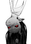  2019 azuza black_hair clothed clothing dated female hair hi_res horn humanoid humanoid_pointy_ears long_hair looking_at_viewer mouth_closed nightmare_fuel not_furry partially_colored red_eyes signature simple_background solo topwear upside_down 