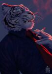  2018 anthro azuza black_body black_fur blue_clothing blue_eyes blue_topwear cheek_tuft chin_tuft cigarette claws clothed clothing dark_topwear dated facial_markings facial_stripes facial_tuft fangs felid finger_claws fur half-length_portrait head_markings holding_cigarette holding_object male mammal markings narrowed_eyes necktie open_mouth pantherine portrait pupils red_necktie signature simple_background slit_pupils smoke solo striped_body striped_face striped_fur stripes teeth tiger topwear tuft white_body white_claws white_fur yellow_sclera 