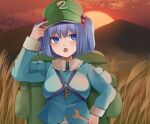  1girl absurdres backpack bag blue_eyes blue_hair blue_shirt blush collared_shirt flat_cap green_headwear hair_bobbles hair_ornament hat highres holding holding_wrench kawashiro_nitori key koizumo long_sleeves open_mouth shirt short_hair solo touhou two_side_up upper_body wrench 