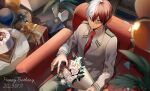  1boy bangs blurry blurry_foreground boku_no_hero_academia bouquet burn_scar cake chair dated flower food from_above gift hair_between_eyes happy_birthday highres holding holding_bouquet looking_at_viewer male_focus multicolored_hair noizu_(noi_hr) plant potted_plant red_hair scar scar_on_face short_hair smile solo split-color_hair strawberry_shortcake todoroki_shouto two-tone_hair white_hair 