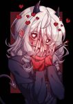  1girl bangs black_background black_jacket blood blush boxcutter breasts demon_girl demon_horns demon_tail drill_hair grey_hair hair_between_eyes hands_on_own_face heart heart-shaped_pupils helltaker highres holding holding_boxcutter horns jacket kithera korean_commentary medium_hair modeus_(helltaker) red_background red_eyes red_sweater ribbed_sweater saliva solo sweater symbol-shaped_pupils tail twin_drills two-tone_background upper_body 