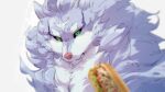  absurd_res anthro bodily_fluids canid canine canis fel_(fenrir) food green_eyes hi_res humor likesakiii male mammal saliva solo tondemo_skill_de_isekai_hourou_meshi wolf 