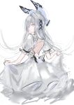  1girl absurdres back_bow backless_dress backless_outfit bow dress floating_hair from_behind grey_dress grey_eyes grey_hair hair_bow hair_ornament highres long_hair looking_at_viewer looking_back nanaponi original parted_lips sketch solo very_long_hair x_hair_ornament 