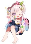  1girl :d airani_iofifteen backpack bag barefoot blue_overalls blush bow dot_nose grey_hair hair_bow hair_bun hairband highres holding holding_paintbrush hololive hololive_indonesia looking_at_viewer noi_mine one_eye_closed overall_shorts overalls paint_splatter paint_splatter_on_face paintbrush polka_dot_hairband purple_eyes randoseru side_ponytail simple_background single_side_bun smile solo sweater white_background 