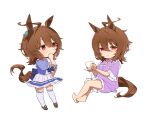  1girl agnes_tachyon_(umamusume) ahoge animal_ears bangs barefoot blue_shirt brown_footwear brown_hair cup frilled_shorts frilled_skirt frilled_sleeves frills hair_between_eyes hand_up holding holding_cup holding_saucer horse_ears horse_girl horse_tail multiple_views pleated_skirt puffy_short_sleeves puffy_sleeves purple_shirt purple_shorts red_eyes saucer school_uniform shirt shoes short_shorts short_sleeves shorts simple_background sitting skirt tail teacup thighhighs tracen_school_uniform umamusume white_background white_skirt white_thighhighs yanyo_(ogino_atsuki) 