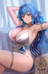  1girl absurdres arm_behind_head armlet armpits arms_up blue_eyes blue_hair braid breasts cleavage couch crossed_legs crown_braid dress earrings feather_hair_ornament feathers goddess_of_victory:_nikke grin hair_intakes hair_ornament helm_(nikke) highres jewelry long_hair looking_at_viewer nonbire on_couch sideboob sitting sleeveless sleeveless_dress smile solo thigh_strap thighs white_dress 