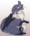  &lt;3 ambiguous_gender black_nose blue_body blue_feathers blue_fur blush canid canine cheek_tuft chest_tuft digitigrade ears_down facial_tuft feathered_wings feathers feral fox fur gloves_(marking) gradient_background head_tuft ingi ingi_(character) inner_ear_fluff kemono leg_markings looking_at_viewer mammal markings neck_tuft orange_eyes pawpads pink_pawpads pivoted_ears raised_arm signature simple_background sitting snout socks_(marking) solo tuft white_body white_fur wings 